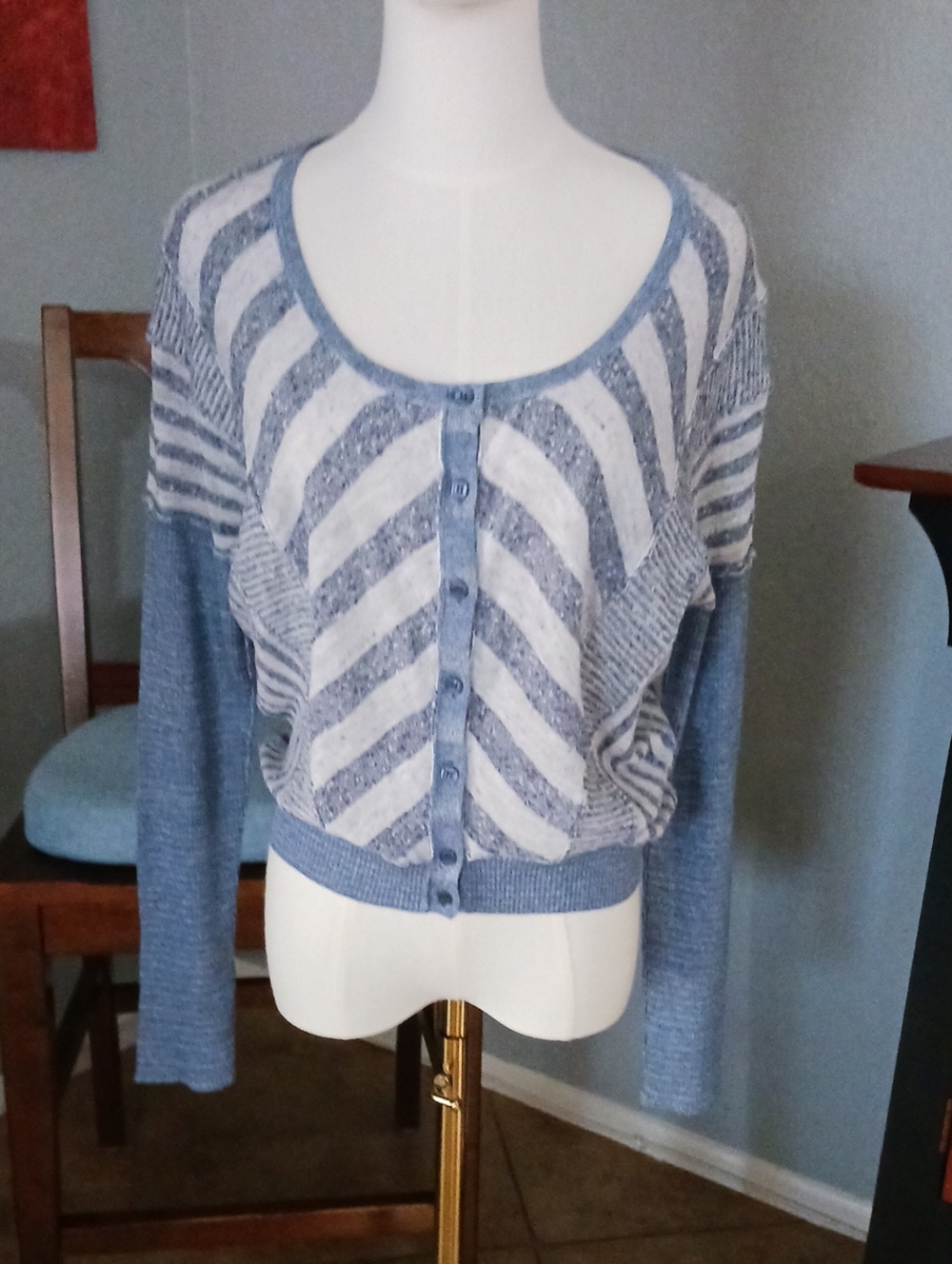 Free People Chevron Striped Blue and White Button Cardigan